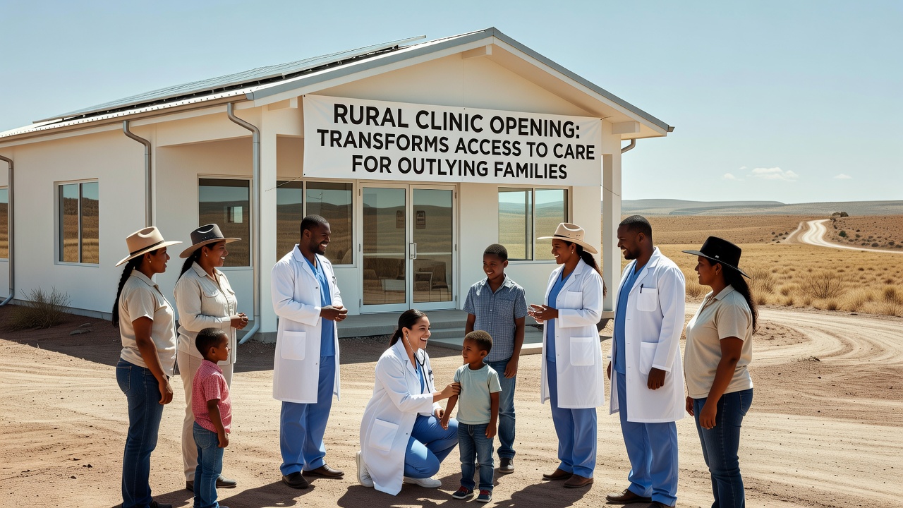 Interior of the clinic showing examination room, waiting area with local families, and telehealth station in use