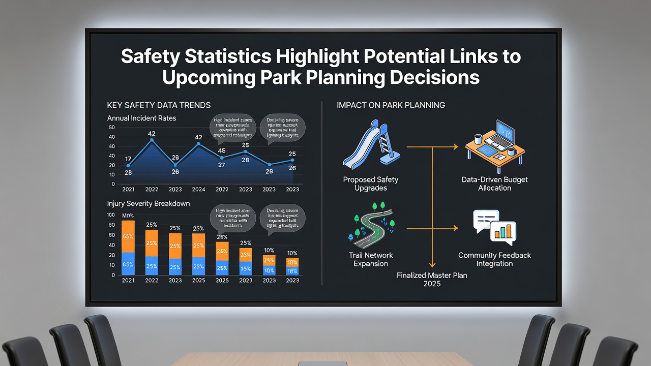 Aerial view of a planned park expansion area with overlaid safety data points