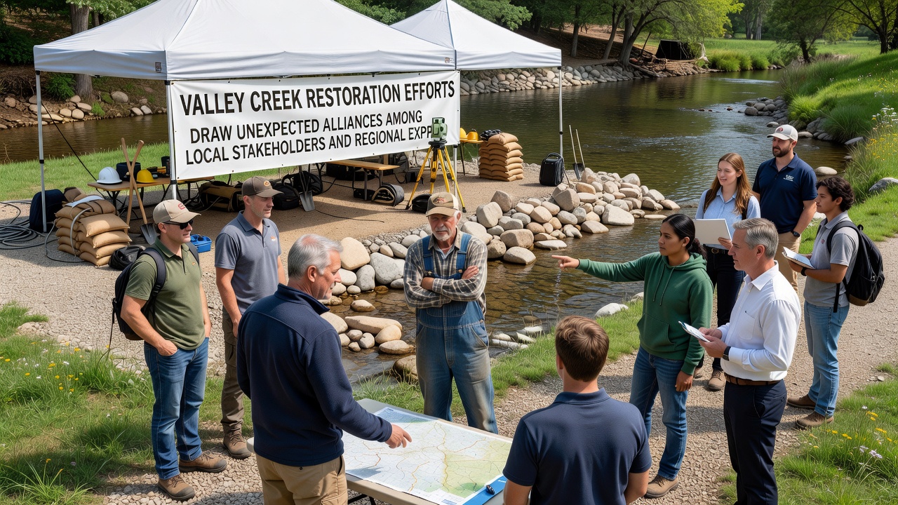Community members and scientists reviewing stream monitoring equipment along Valley Creek during a September 2026 field session